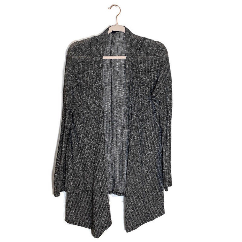 American Eagle Cardigan Sz M Open Front Asymmetric Ribbed Gray Marled Stretch